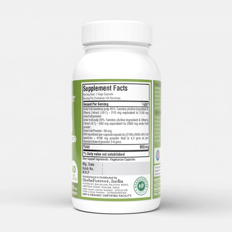Herbsforever Amla Capsules | Emblica officinalis | Natural Vitamin C & Antioxidants | 40% Tannins | 800mg Each | 60 Vegetarian Capsules | Herbal Supplement