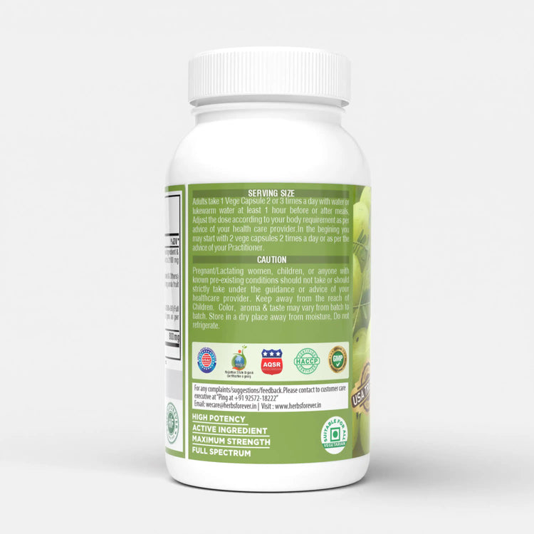 Herbsforever Amla Capsules | Emblica officinalis | Natural Vitamin C & Antioxidants | 40% Tannins | 800mg Each | 60 Vegetarian Capsules | Herbal Supplement