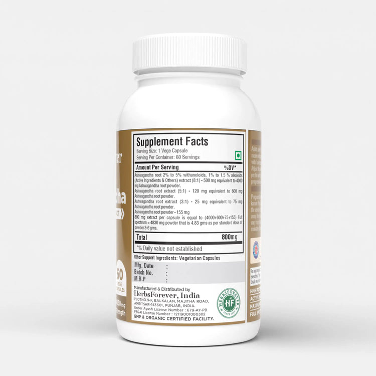 Herbsforever Ashwagandha Capsules Withania Somnifera Withannolides 5% & Alkaloids 1.5% Boost Energy and Performance 60 Vege Capsules 800 Mg Each