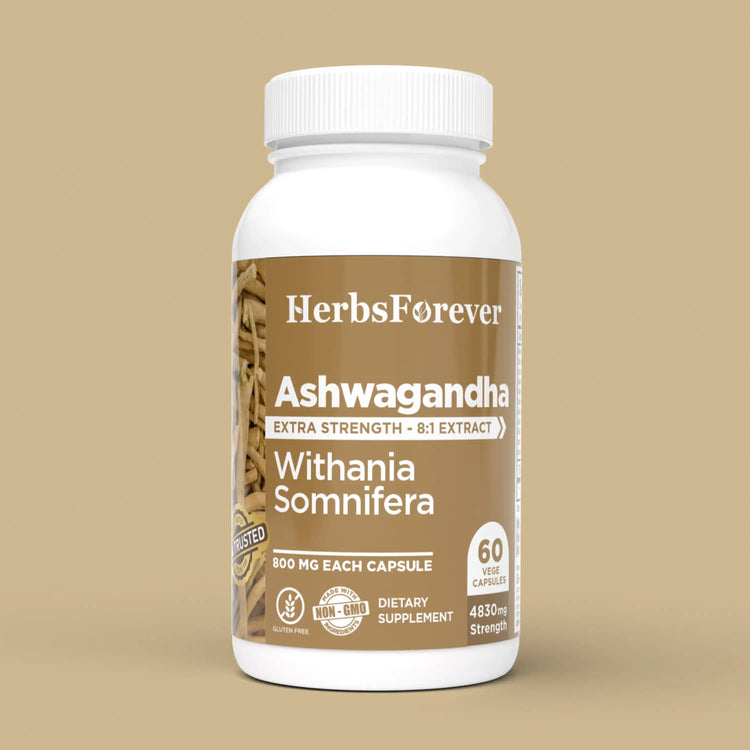 Herbsforever Ashwagandha Capsules Withania Somnifera Withannolides 5% & Alkaloids 1.5% Boost Energy and Performance 60 Vege Capsules 800 Mg Each