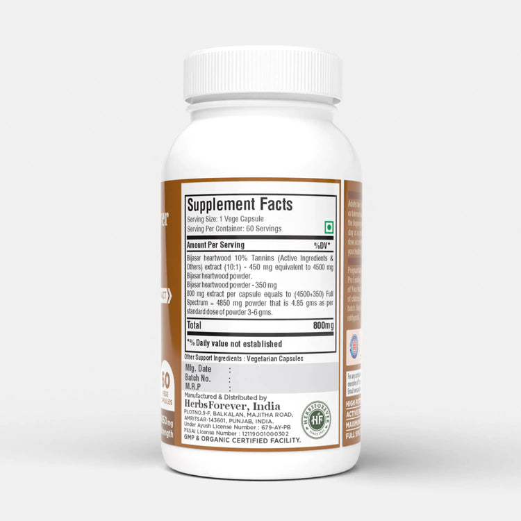HerbsForever Bijasar Capsules | Pterocarpus Marsupium Extract | Ayurvedic Herbal Supplement for Wellness | 800mg | 60 Vegan Capsules | Non-GMO, Gluten-Free