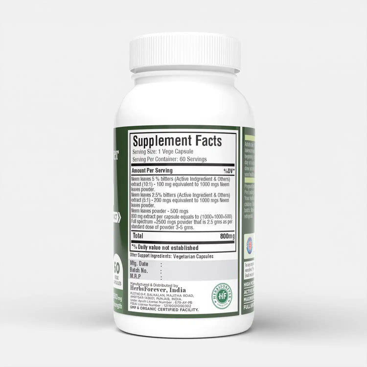 Herbsforever Neem Capsules Azadirachta Indica Skin Supplement 60 Vege Capsules 800 mg each