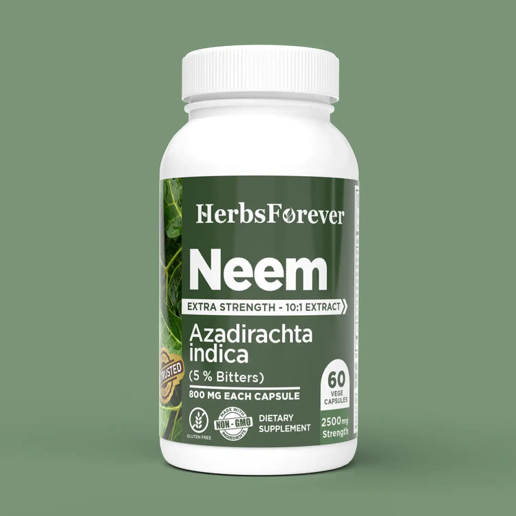 Herbsforever Neem Capsules Azadirachta Indica Skin Supplement 60 Vege Capsules 800 mg each