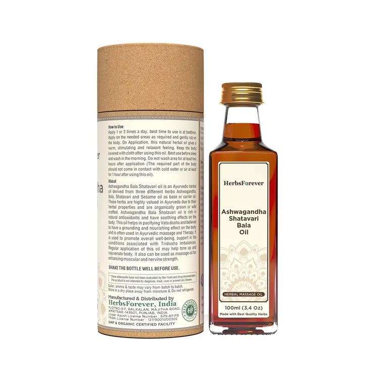 Herbsforever Ashwagandha Shatavari Bala Oil Cold Pressed Premium Oil for Relaxation and Muscle Support Non-GMO, Vegan (100 ml)