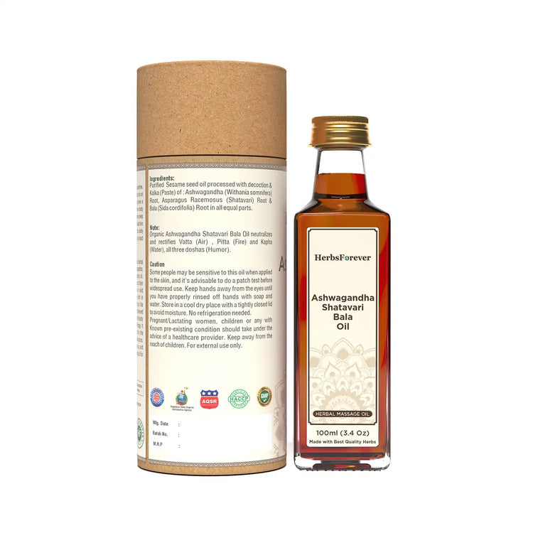 Herbsforever Ashwagandha Shatavari Bala Oil Cold Pressed Premium Oil for Relaxation and Muscle Support Non-GMO, Vegan (100 ml)