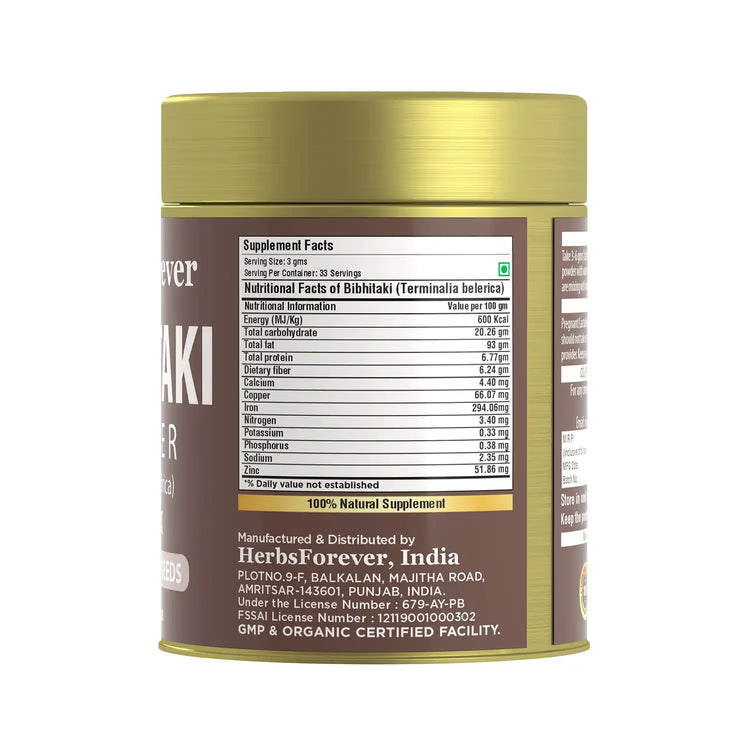 HerbsForever Bibhitaki Powder Terminalia Bellerica Cholesterol Care Herb Maintain Liver and Heart Health Non GMO, Vegan 100 GMS