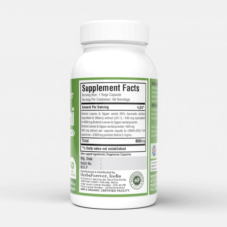 Herbsforever Brahmi Capsules Bacopa Monnieri 800 Mg | 60 Veggie Capsules, 30-35% Bacoside | Natural Herbal Supplement for Cognitive Support & Wellness