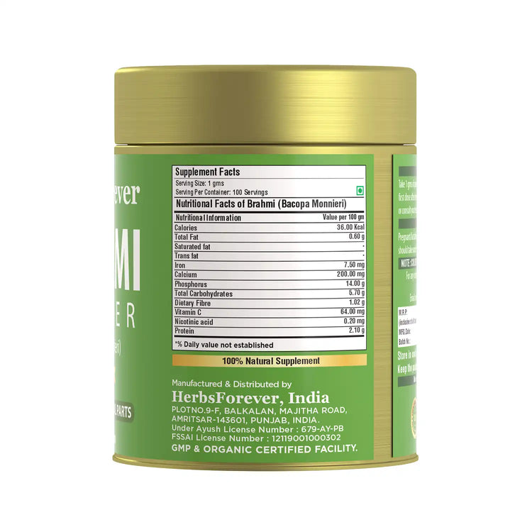 HerbsForever Brahmi Powder I 100% Pure Bacopa Monnieri I Natural Herbal Supplement – Non-GMO, Vegan, Gluten-Free I Supports Wellness – Premium Quality 100 GMS