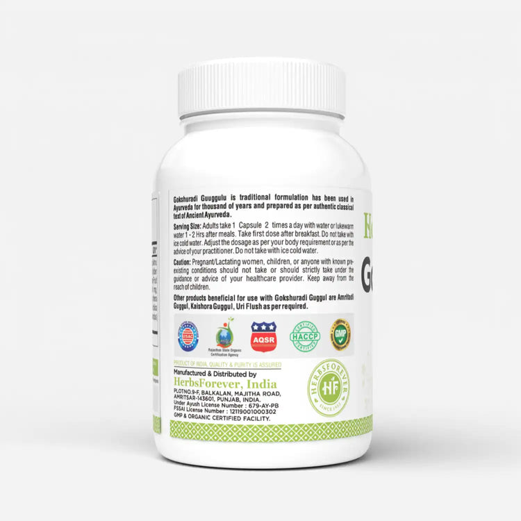 Herbsforever Gokshuradi Guggul Capsules Traditional Ayurvedic Formulation - Kidneys Health Supplement 90 Vege Capsules 800 Mg Each