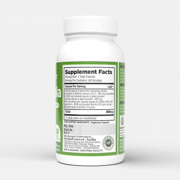 Herbsforever Gotu Kola Capsules | Centella Asiatica Herbal Supplement, 800 mg Each | 60 Veg Capsules for Mental Clarity, Focus | Overall Wellness Support