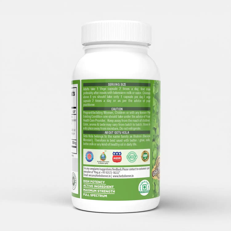 Herbsforever Gotu Kola Capsules | Centella Asiatica Herbal Supplement, 800 mg Each | 60 Veg Capsules for Mental Clarity, Focus | Overall Wellness Support