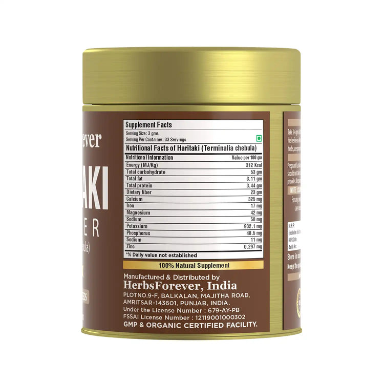 HerbsForever Haritaki Powder | Terminalia Chebula | Non-GMO, Gluten-Free, Vegan | Premium Quality, Raw, Seedless, Freshly Ground, Natural Herbal Powder 100 GMS