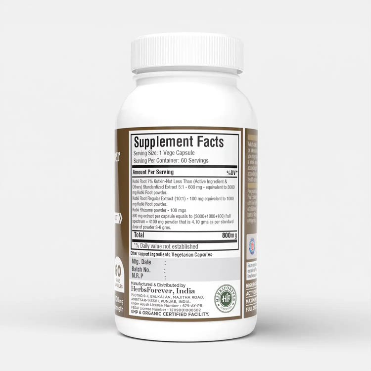 Herbsforever Kutki Capsules | Picrorhiza Kurroa Extract with 10% Bitters & 7% Kutkin | 800 mg, 60 Vegan Capsules | Premium Herbal Supplement for Wellness Support