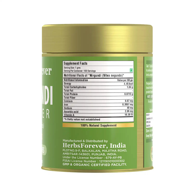 Herbsforever Nirgundi Powder Vitex Negundo Balancing Vata and Ushna Non GMO, Vegan 100 GMS