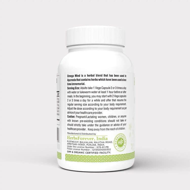 Herbsforever Omega Mind Capsules | Herbal Brain & Memory Support Supplement | Natural Focus & Clarity – 750 Mg Each Vegetarian Capsules | Daily Wellness Formula