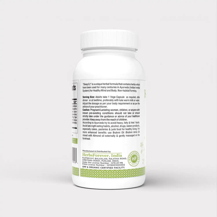 Herbsforever Sleep Ez (Sleep Ease) (Ayurvedic Herbal Formulation) for Relaxation of Mind, Body and Assistance of Blissful Sleep Pattern, 60 vege Capsules, 750 mg Each Concentrated Extract