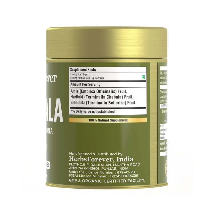 Herbsforever Triphala Churna Powder Traditional Ayurvedic Formulation Supports Detoxification and Rejuvenation Non GMO, Vegan 100 GMS