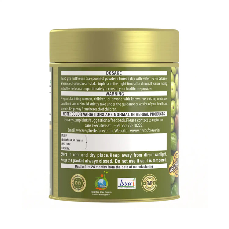 Herbsforever Triphala Churna Powder Traditional Ayurvedic Formulation Supports Detoxification and Rejuvenation Non GMO, Vegan 100 GMS