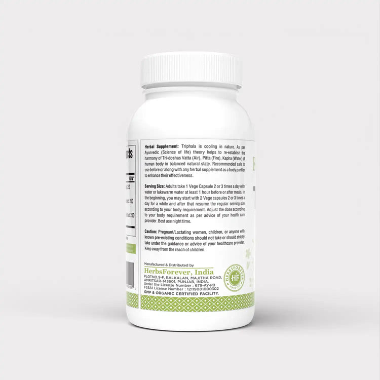 Herbsforever Triphala Capsules Extract Ratio (8:1) 40% Amla, Haritaki & Bibhitaki for Daily Detoxifying, Cleansing, & Rejuvenating 60 Vege Capsules
