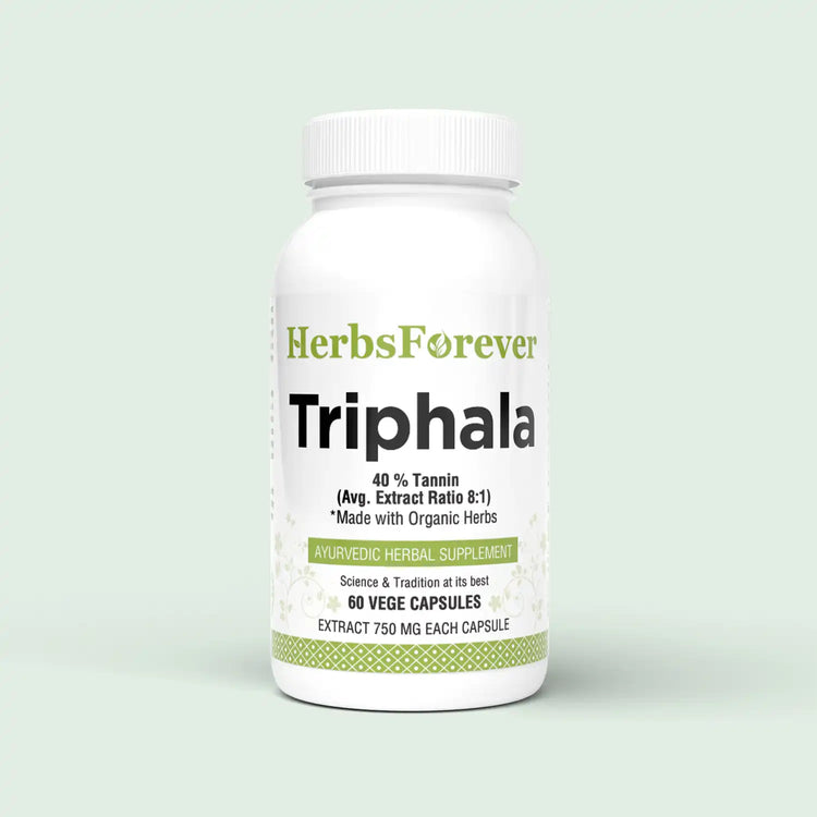 Herbsforever Triphala Capsules Extract Ratio (8:1) 40% Amla, Haritaki & Bibhitaki for Daily Detoxifying, Cleansing, & Rejuvenating 60 Vege Capsules