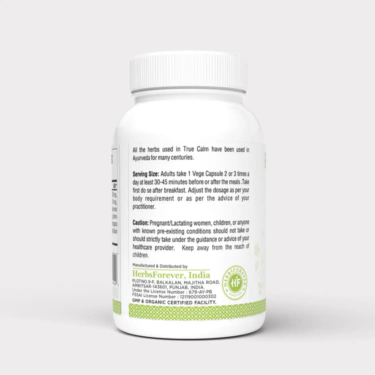 Herbsforever True Calm Capsules Ayurvedic Herbal Formulation Stress Relief Formula Provides Calmness and Comfortable Sleep 90 Vege Capsules 750 Mg Each