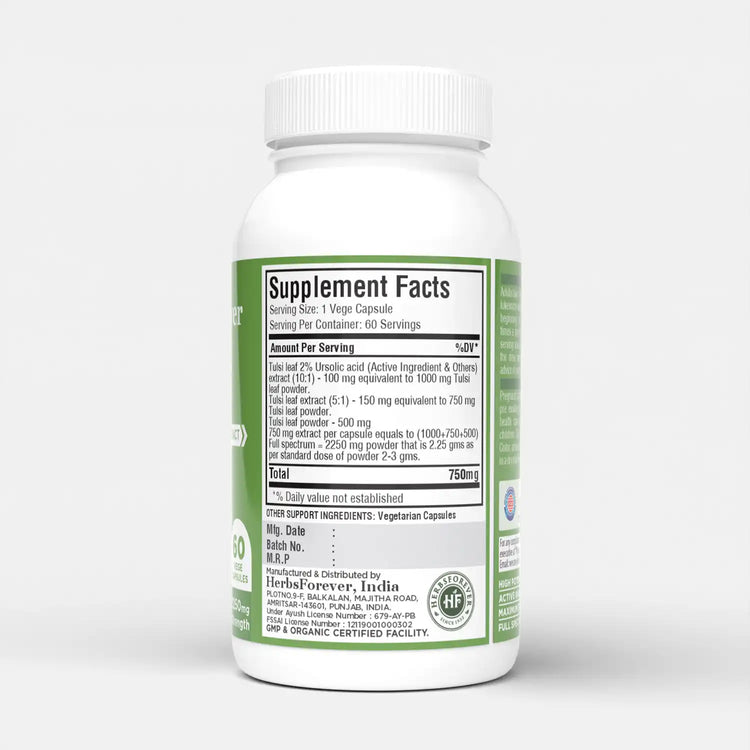 Herbsforever Tulsi Capsules Holy Basil Ocimum Sanctum 60 Vege Capsules 750 Mg Each