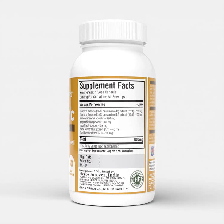 Turmeric Plus Capsules – 95% curcuminoids with Ginger, Black Pepper, Pippali – Extract Ratio (25:1) – Herbal Supplement – 60 Vege Capsules 750 Mg Each