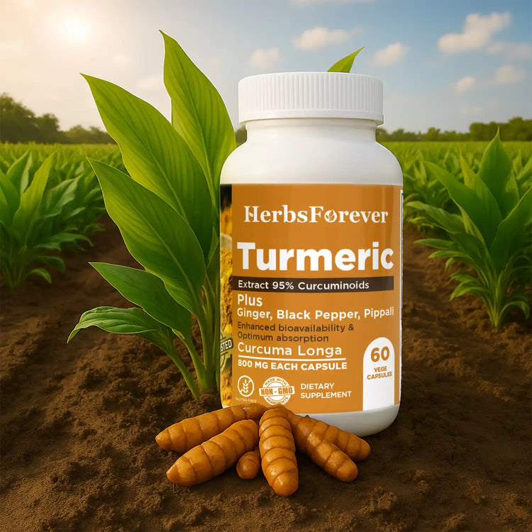 Turmeric Plus Capsules – 95% curcuminoids with Ginger, Black Pepper, Pippali – Extract Ratio (25:1) – Herbal Supplement – 60 Vege Capsules 800 Mg Each