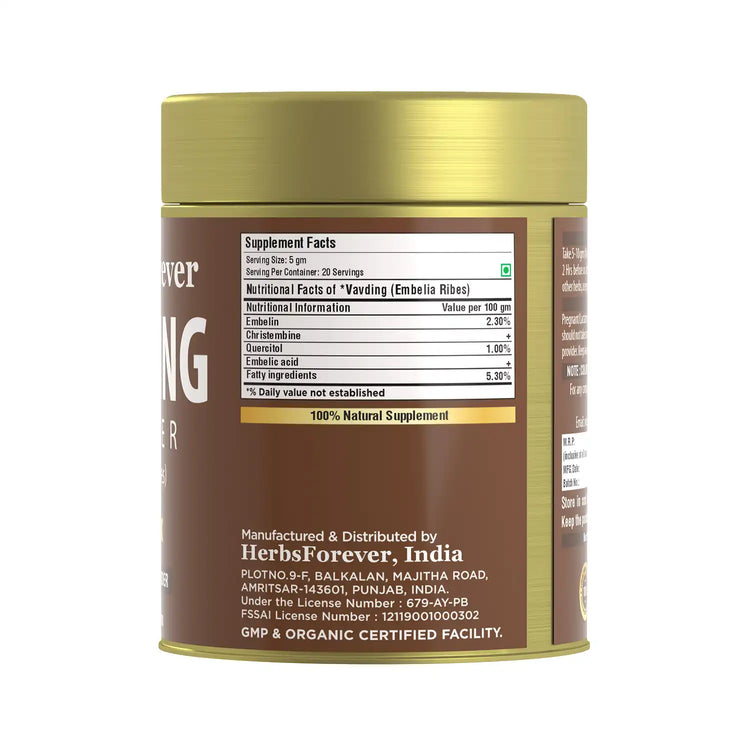 HerbsForever Vidanga Powder | Embelia Ribes | Natural Herbal Supplement | Non-GMO, Vegan | 100 GMS
