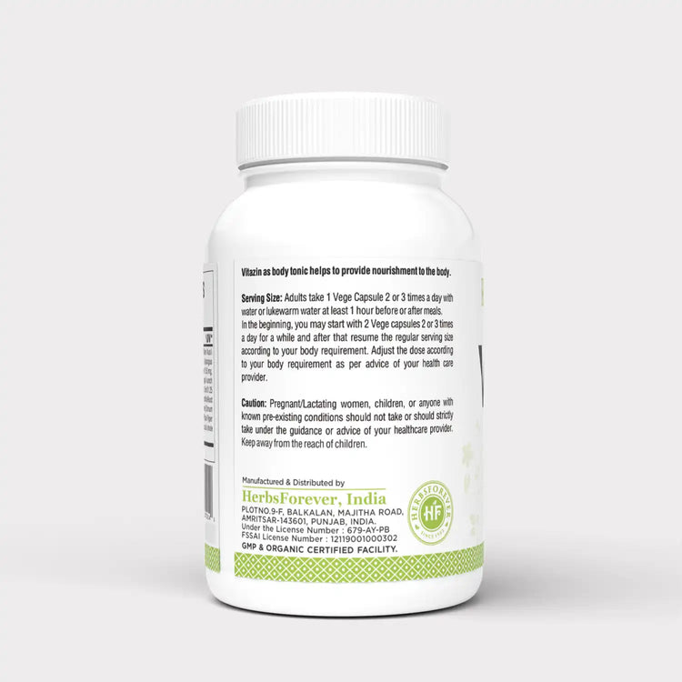 Herbsforever Vitazin Capsules Ayurvedic Herbal Supplement Supports Energy & Performance Provides Physical and Mental Strength 90 Vege Capsules 500 Mg Each
