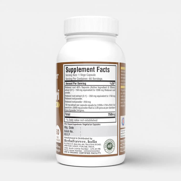 Herbsforever Shatavari Capsules Premium Asparagus Racemosus Supplement 40% Saponins 750 mg High-Potency Formula - 60 Vegetarian Capsules Herbal Wellness & Balance Support Non-GMO