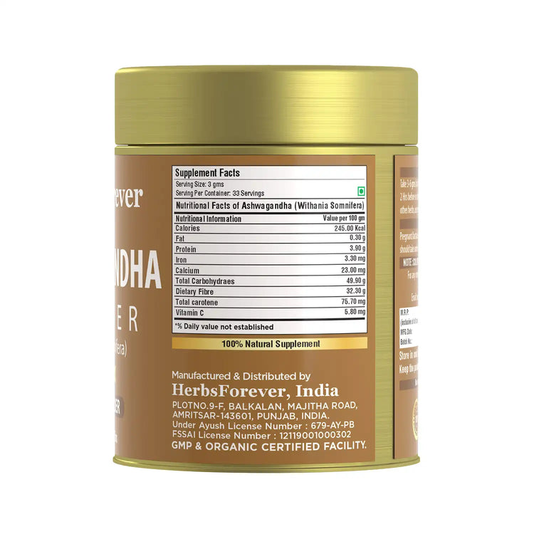 HerbsForever Ashwagandha Powder 100g I Winter Cherry, Non-GMO, Vegan, Gluten-Free I Ayurvedic Stress-Buster Supports Energy Booster, Vitality & Rejuvenator Overall Wellness