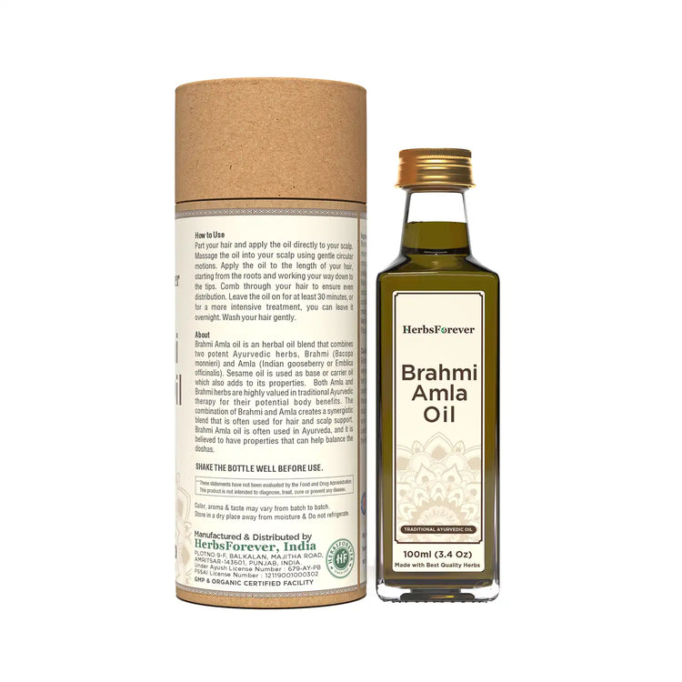 Herbsforever Brahmi Amla Hair Oil Improves Blood Circulation Calms Mind and Hair Strength Oil Cold Pressed Premium Oil Non GMO, Vegan  100 ml