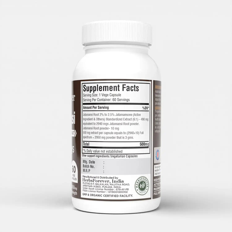 Herbsforever Jatamansi Capsules | Nardostachys Jatamansi | Premium Herbal Supplement for Relaxation, Hair Care, and Wellness | 60 Vegan Capsules, 500 Mg Each