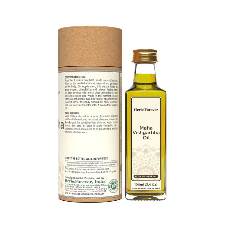 HerbsForever Maha Vishgarbha Oil Authentic Ayurvedic Massage Oil Supports Blood Circulation Improves Joint and Ligament Health Cold Pressed Premium Oil Non GMO, 100 ml