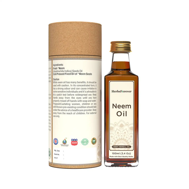 Herbsforever Neem Oil Cold Pressed Premium Oil Supports Healthy Skin, Hair, Nails Non GMO, Vegan  100 ml