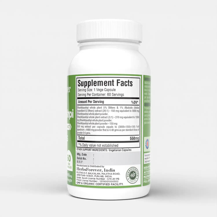 Herbsforever Shankhpushpi Capsules | Convolvulus Pluricaulis | Natural Herbal Supplement for Mental Alertness, Focus & Memory Support |500mg | 60 Veg Capsules