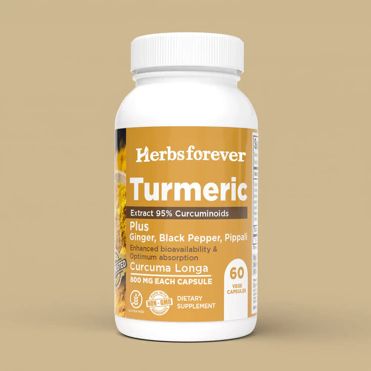 Turmeric Plus Capsules – 95% curcuminoids with Ginger, Black Pepper, Pippali – Extract Ratio (25:1) – Herbal Supplement – 60 Vege Capsules 800 Mg Each